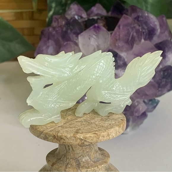 Chinese Hand Carved Jade Stone Dragon Figurine Vintage Green Animal Carving 3" - Picture 3 of 14